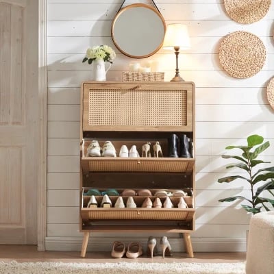 Soline – Natural Wood & Rattan Shoe Cabinet