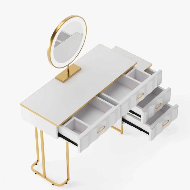 Valencia Vanity Set – Natural Wood with LED Mirror & Pouf Featuring Gold Stainless-Steel Details