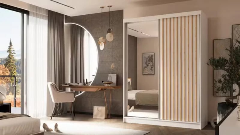 Picture of Lamelo Natural wood Wardrobe with Mirror