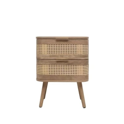 Lyra Side Table – Natural Wood with Rattan Front