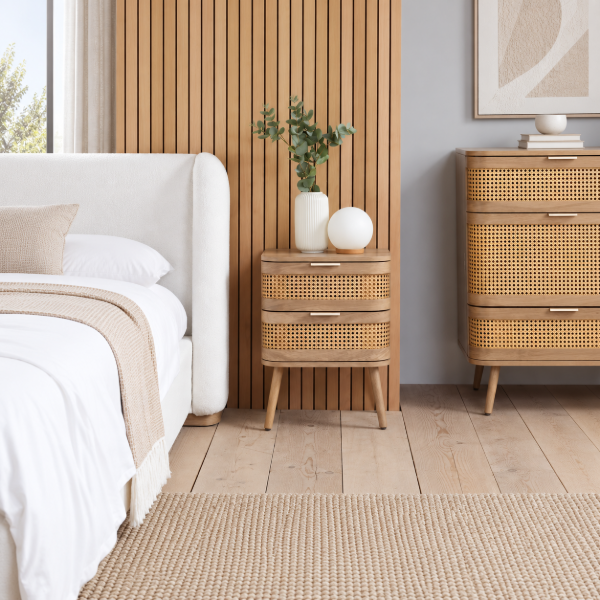 Lyra Side Table – Natural Wood with Rattan Front