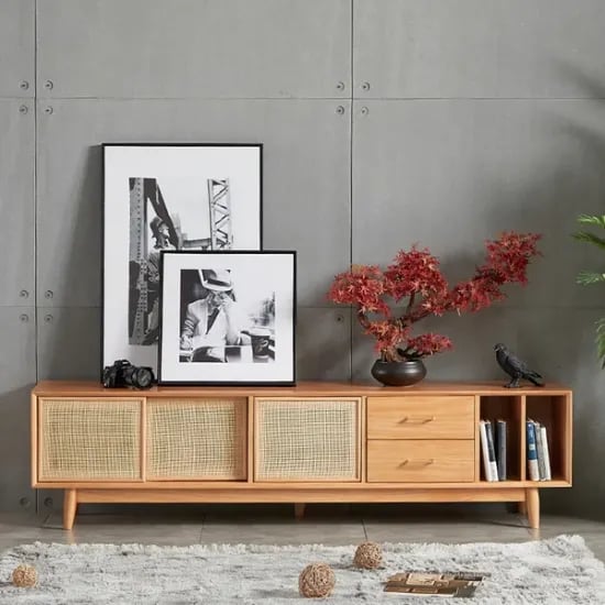 Picture of Lunari Natural Wood & Rattan TV Stand – Modern with Sliding Doors