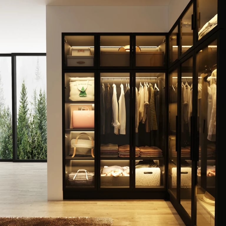 Picture of Paolo Modern wardrobe with glass doors and natural wood lighting