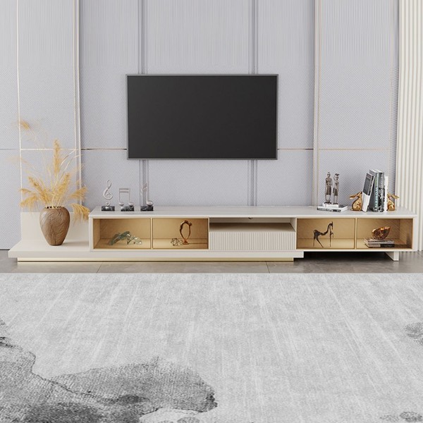 Lunex LED TV Unit – Expandable Natural Wood with Drawer & Shelves