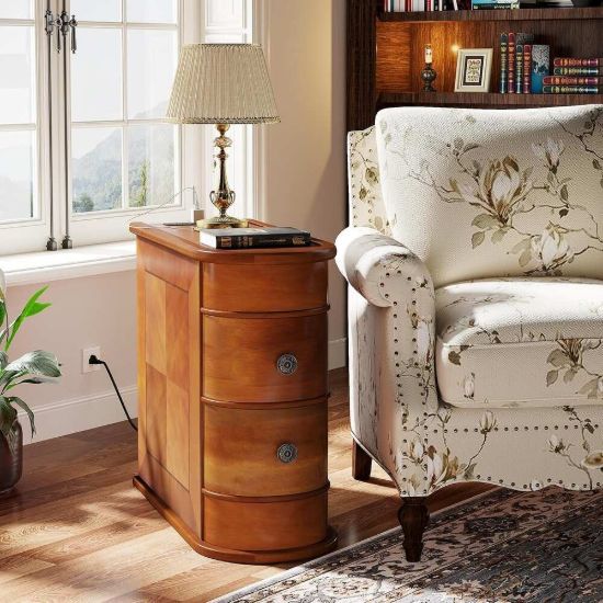 Picture of Rico Natural Wood Side Table – Rounded Design with Dual Drawers