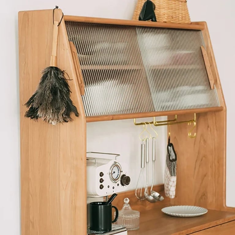Prosy Kitchen Cabinet – Natural Wood with Glass Doors and Gold Handles