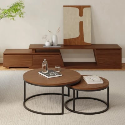 Noctis – Natural Wood TV Stand with Round Coffee Tables