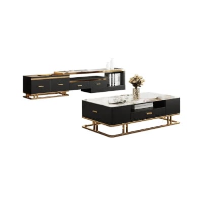 Nocturne – TV Unit and Coffee Table Set in Natural Wood with Gold Stainless Steel Accents and Marble-Look Top