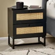 Mira Side Table – Natural Wood with Two Rattan Drawers and Elegant Black Metal Base