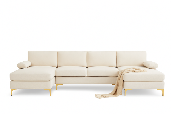 صورة مودين كنبة ركنية على شكل حرف الـ – بقاعدة من الخشب الطبيعي