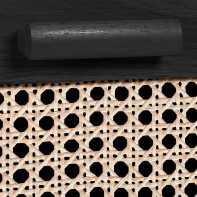 Zaria - Natural wood storage unit with rattan fronts.