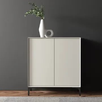 Nordic Minimalist Off White Wooden Shoe Cabinet with 2-Door 8-Shelf