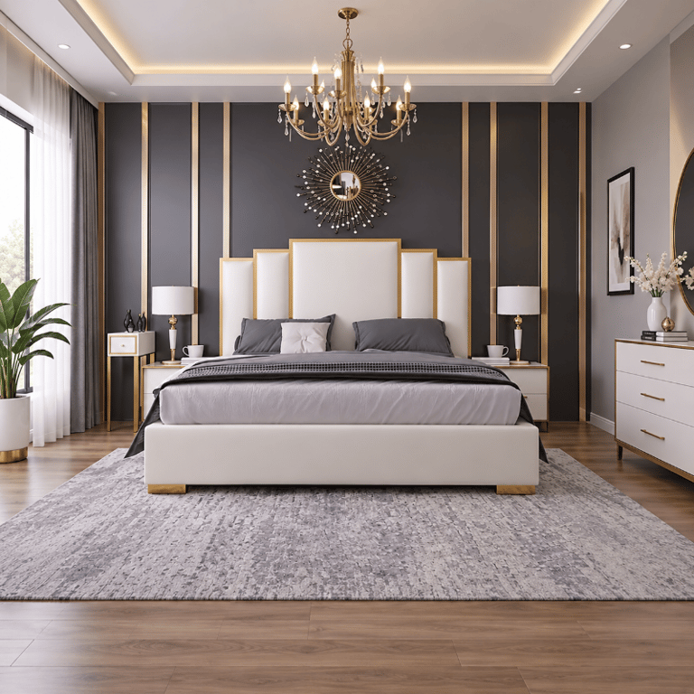 Picture of Regalia Luxe Upholstered Bed – White & Gold Elegance