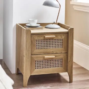 Alara – Natural Wood & Rattan 2-Drawer Bedside Table