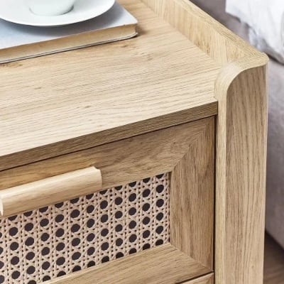 Alara – Natural Wood & Rattan 2-Drawer Bedside Table