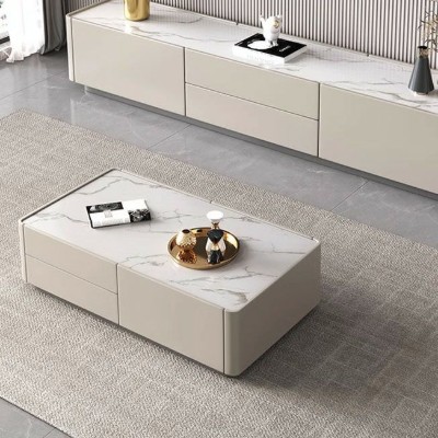 صورة طاولة قهوة لوسترا من الخشب الطبيعي – بسطح حجري وتخزين مخفي