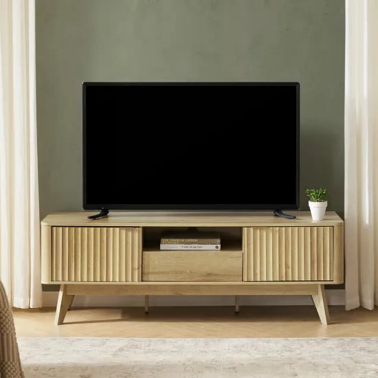 Elvo – TV Stand with Fluted Doors & Compact Design – Natural Wood