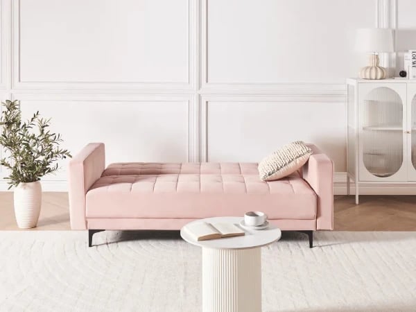 Velena – Modern Velvet Convertible Sofa with Natural Wood Frame