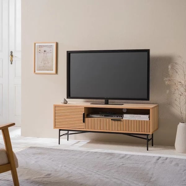 Picture of Zaro – Slatted Natural Wood TV unit with Metal Base
