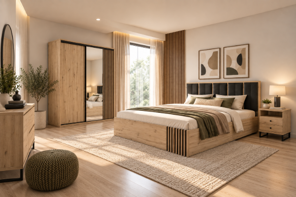 Picture of Linea Natural Wood Bedroom Set – Slatted Accents