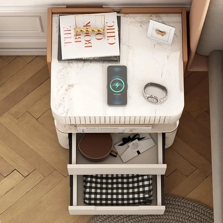 Fylora Nightstand – Natural Wood Frame with Marble Top