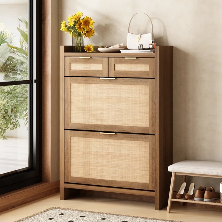 Rivanne - Natural Wood Shoe Cabinet with Rattan Front
