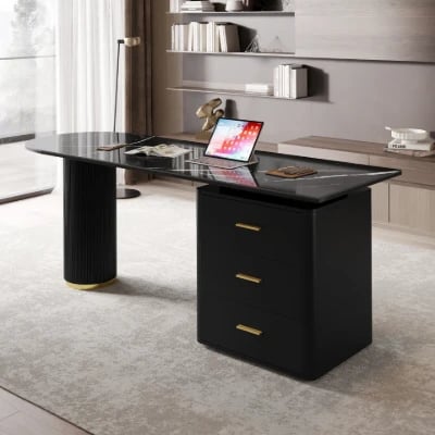 Zavello – Natural Wood Executive Desk with Marble-Look Surface & Gold Accent