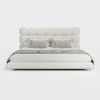 صورة السرير المُنجّد “كلوديل” بقاعدة من الخشب الطبيعي – بتصميم منحنيات ناعمة