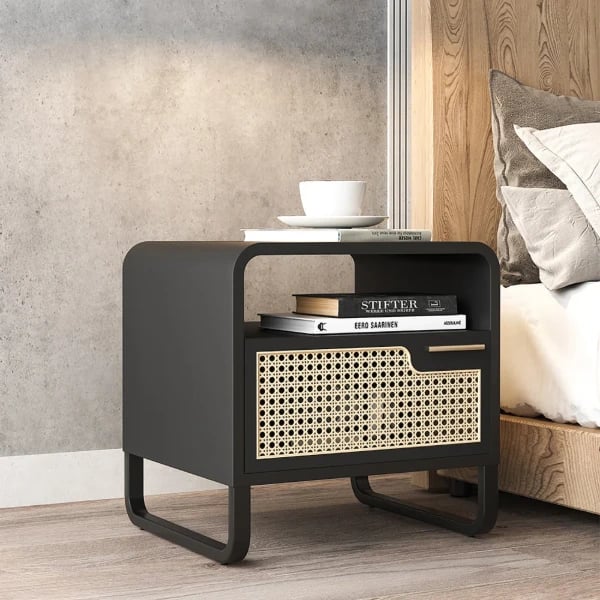 Picture of Kramsi Black Nightstand Rattan with Natural wood