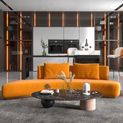 صورة كنبة تيمبرلاين برتقالية مخملية مبطنة