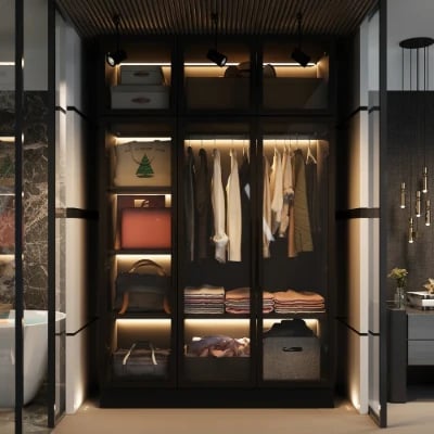 Picture of Paolo Modern wardrobe with glass doors and natural wood lighting