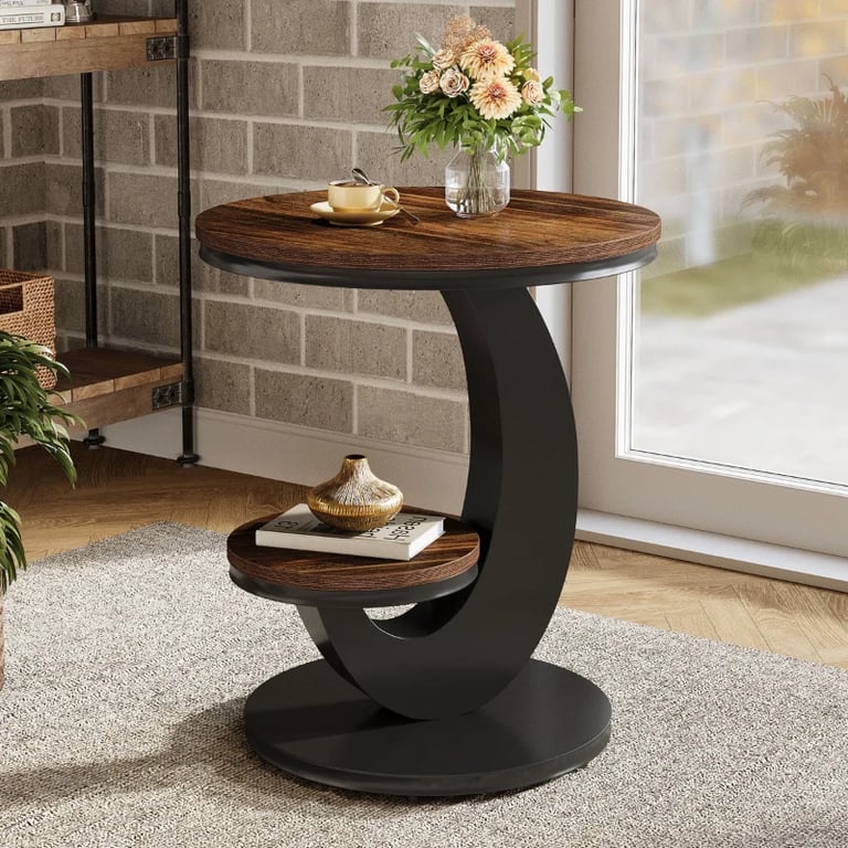 Cairo Side Table with Curved Design & Lower Shelf – Natural Wood