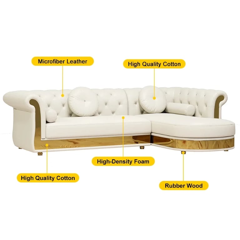Valencia – Tufted Sectional Sofa made of Natural Wood with Gold Stainless-Steel Touch, featuring Armchair & Chaise Lounge