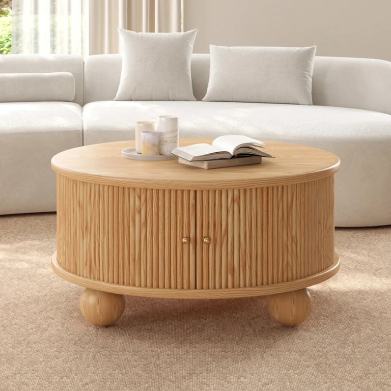 Aureo Round Storage Coffee Table with Sliding Doors – Natural Wood