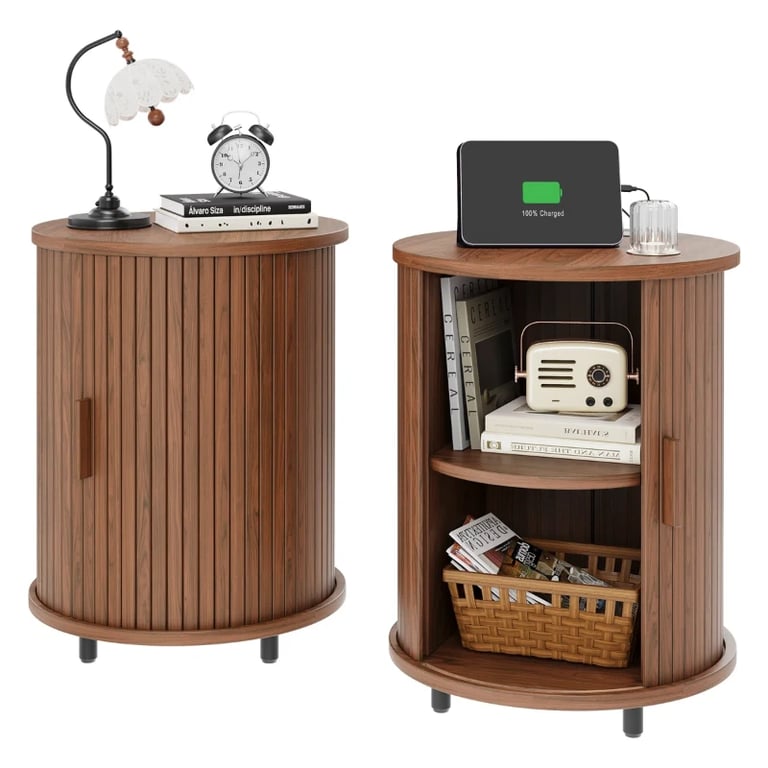 Luna – Round Side Table with Storage – Natural Wood