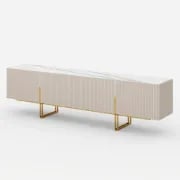 Élory - Natural Wood TV Stand with Stainless Steel Legs & Marble-Look Top