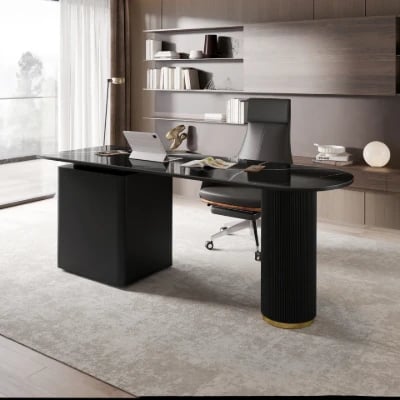 Zavello – Natural Wood Executive Desk with Marble-Look Surface & Gold Accent
