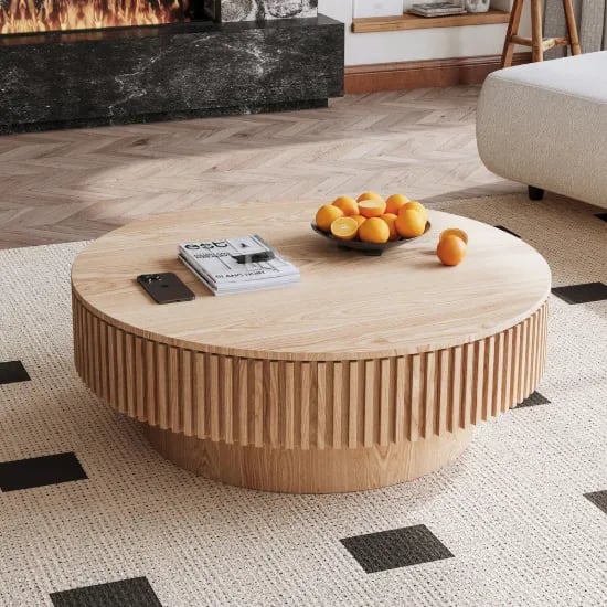Elyra Round Coffee Table with Hidden Storage – Natural Wood