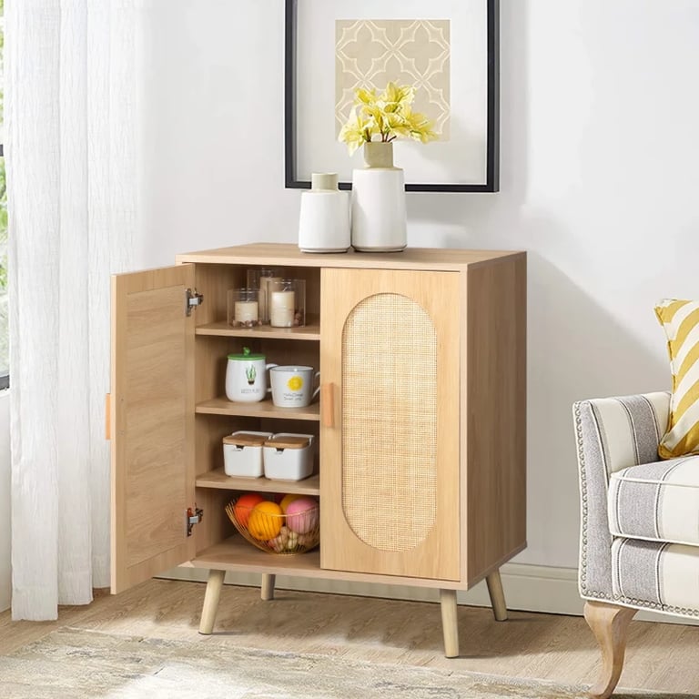 Rubena – Natural Wood Shoe Cabinet with Rattan Front