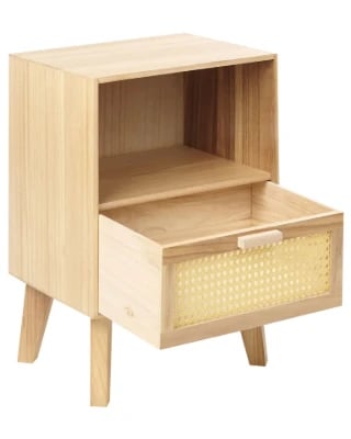 Liora Natural Wood Bedside Table – Open Shelf & Woven Drawer
