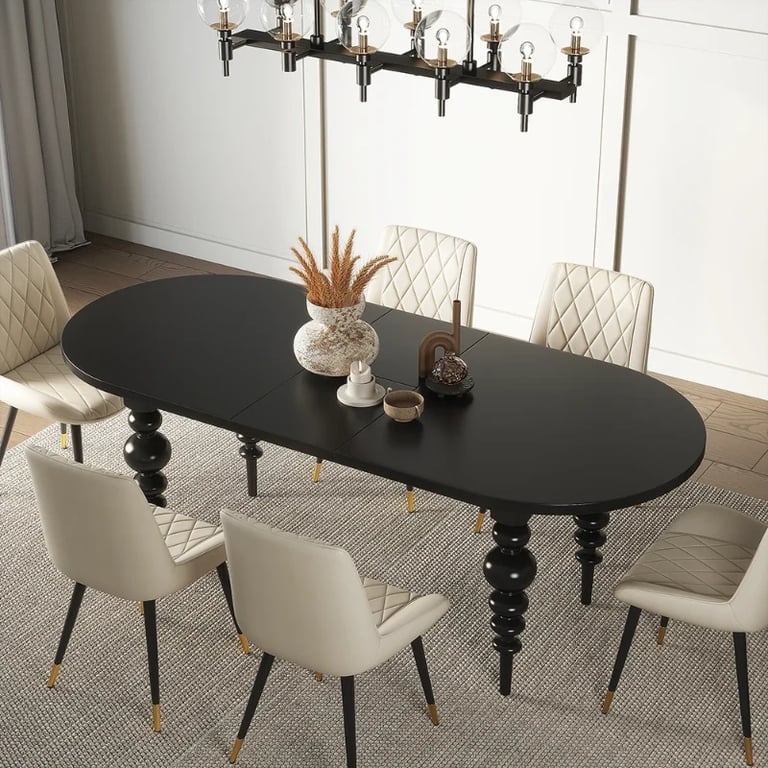 Picture of Elegant Black Oval Dining Table with Sculpted Legs