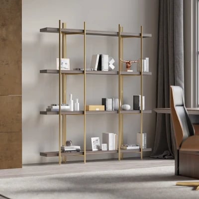 Aurore Display Shelf – Natural Wood & Gold Metal Frame
