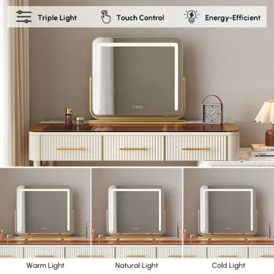 Velona Vanity Set – Natural Wood with Glass & Marble-Look Surfaces, LED Mirror & Chair