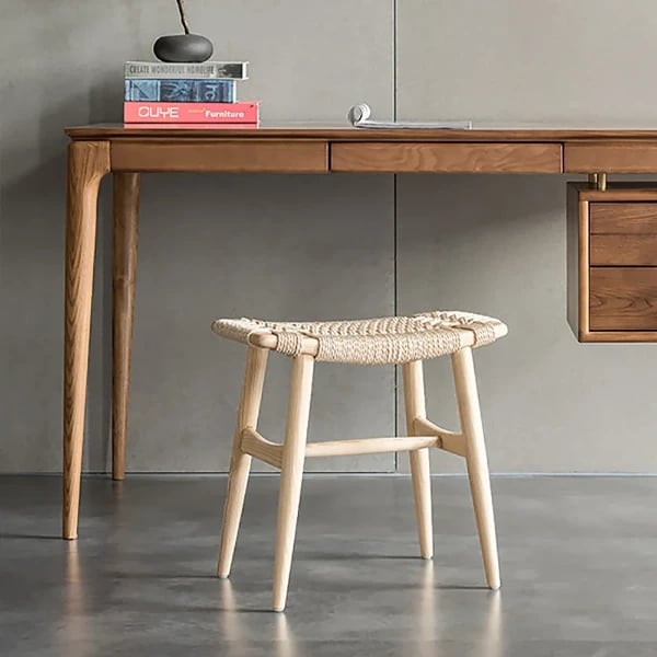 Noelle – Compact Wooden Ottoman with Square Design and Woven Fabric