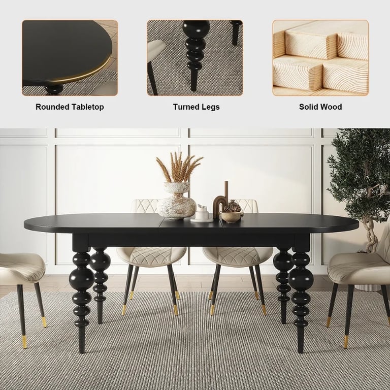 Picture of Elegant Black Oval Dining Table with Sculpted Legs