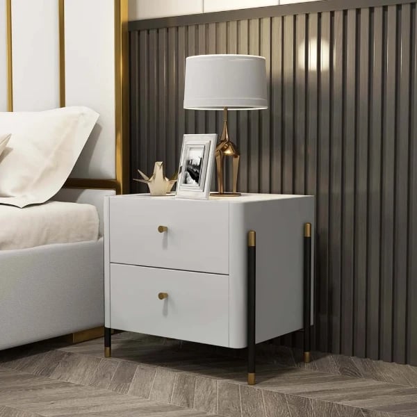 Haki Nightstand – Natural Wood Frame with Faux Marble Top and Dual Drawers