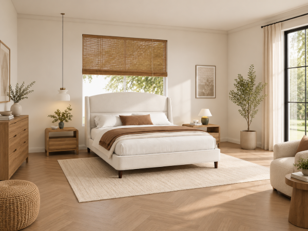 Picture of Monroe – Upholstered Bed with Wingback Headboard – Natural Wood Frame