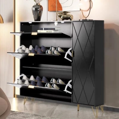 Black Aadhyareddy 16 Pairs Manufactured Wood Shoe Storage Cabinet