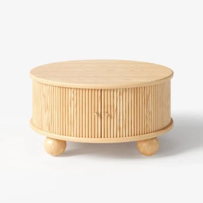 Aureo Round Storage Coffee Table with Sliding Doors – Natural Wood