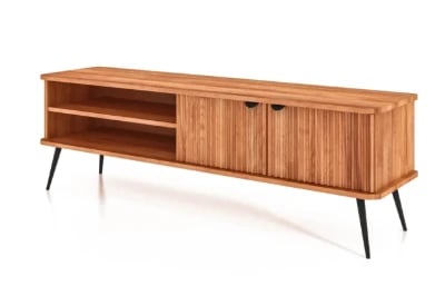 صورة إلوين – طاولة تلفاز خشبية بتفاصيل شرائح وأرجل سوداء مدببة